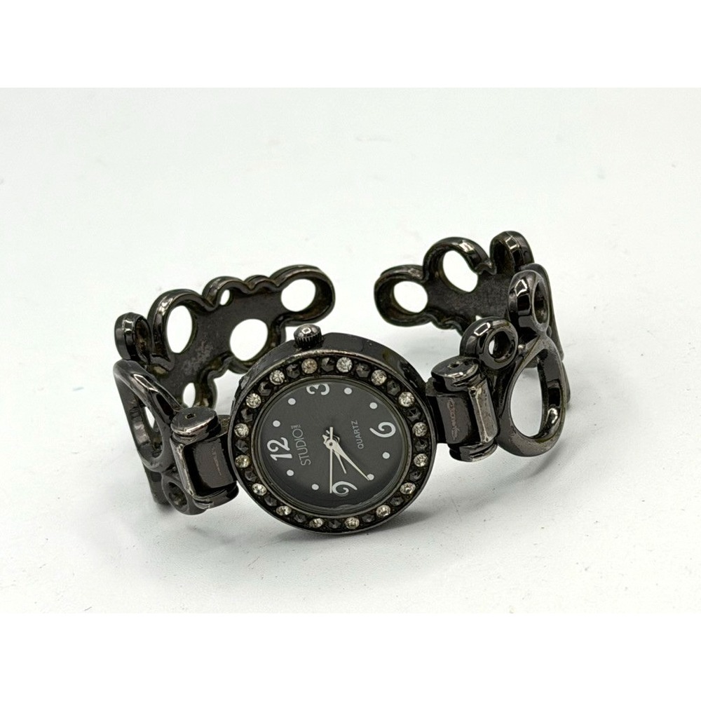 Studio Time Women's Black Rhinestone Cuff Bracelet Quartz Watch New Battery